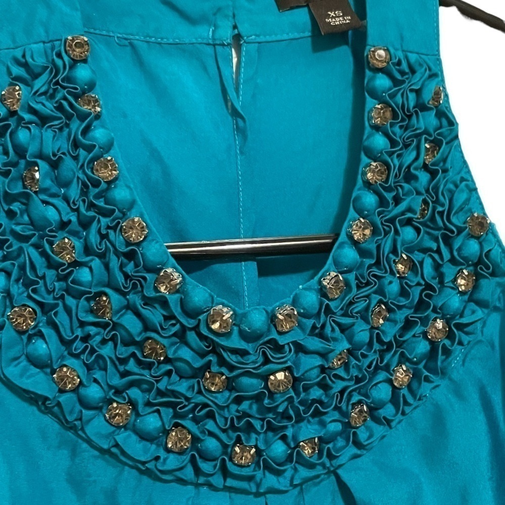 Ann Taylor Teal Embellished High Neck Sleeveless Silk Tank Top Size XS